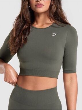 Gymshark Seamless Crop Top - Olive Green Athletic Breathable Medium